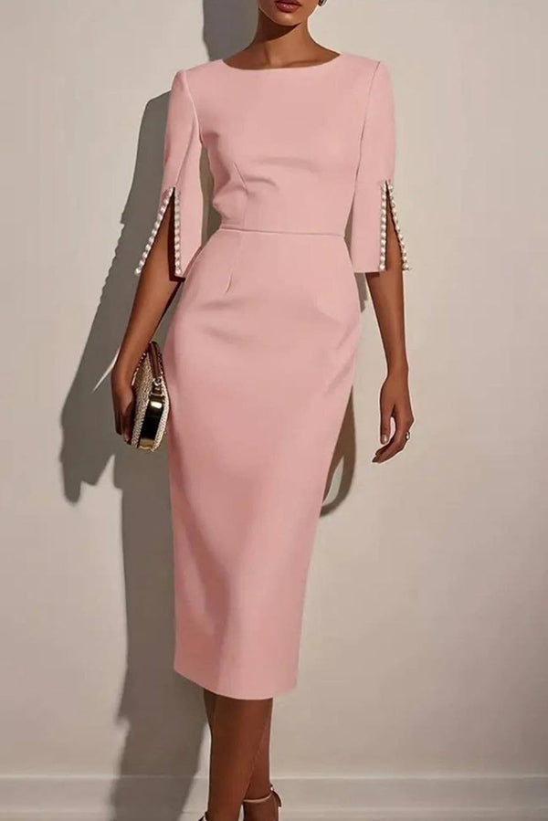 Solid Color Elegant Round Neck Half Sleeve Beaded Decorated Slim Fit Midi Dress-15273731096901-Róża Kwiatowa