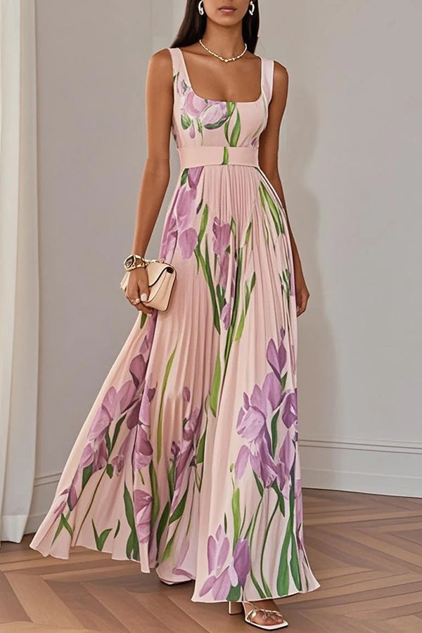 Floral Print Square Neck Suspender Pleated Maxi Dress-15273732014405-Róża Kwiatowa