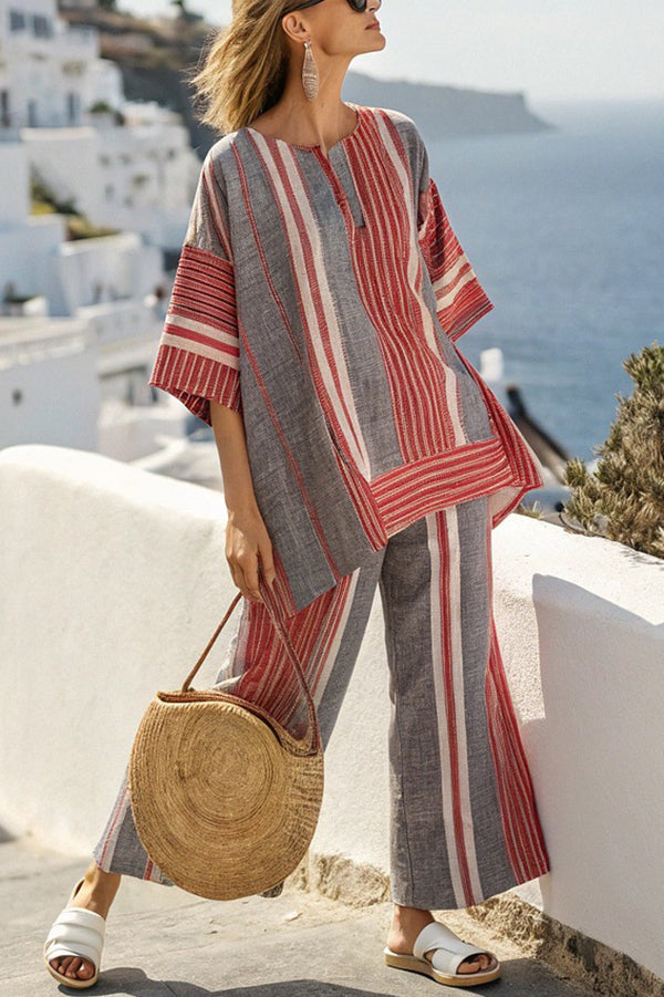 Striped Print Crew Neck Loose Top and Elastic Waist Casual Wide Leg Pants-15273733980485-Róża Kwiatowa