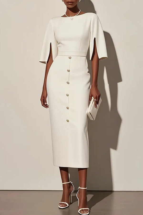Solid Color Round Neck Slit Sleeve Waist Button Decoration Midi Dress-15273731227973-Róża Kwiatowa