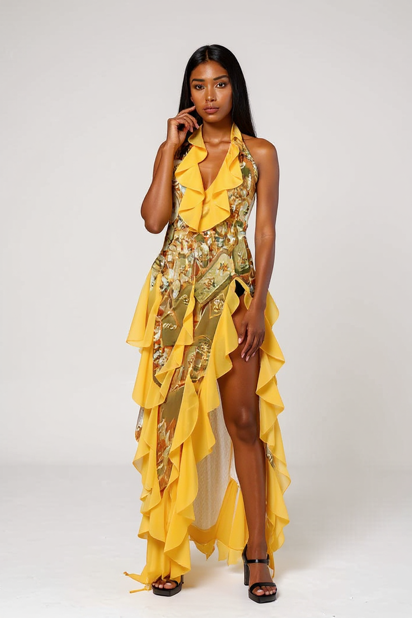 Solanna – Falbaniasty dekolt typu halter - Sukienka maxi-15262891147589-Róża Kwiatowa