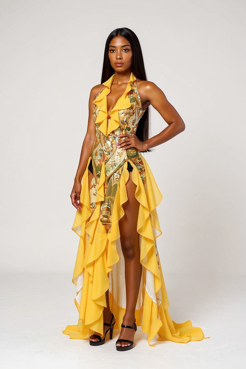 Solanna – Falbaniasty dekolt typu halter - Sukienka maxi-15262891147589-Róża Kwiatowa